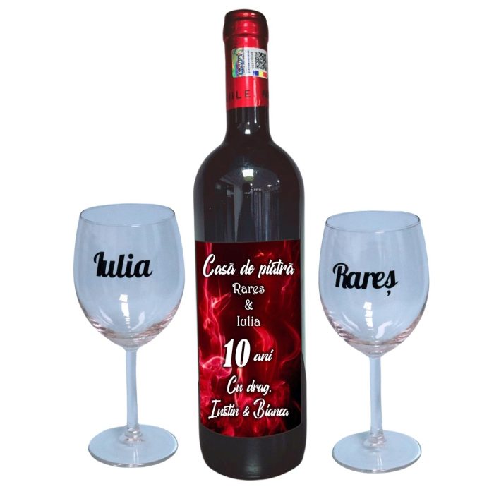 Set cadou aniversar, Cutie de vin cu sticla si 2 pahare, 35x25cm, Vin Domeniile Panciu Feteasca Neagra, CSVA001 - imagine 3