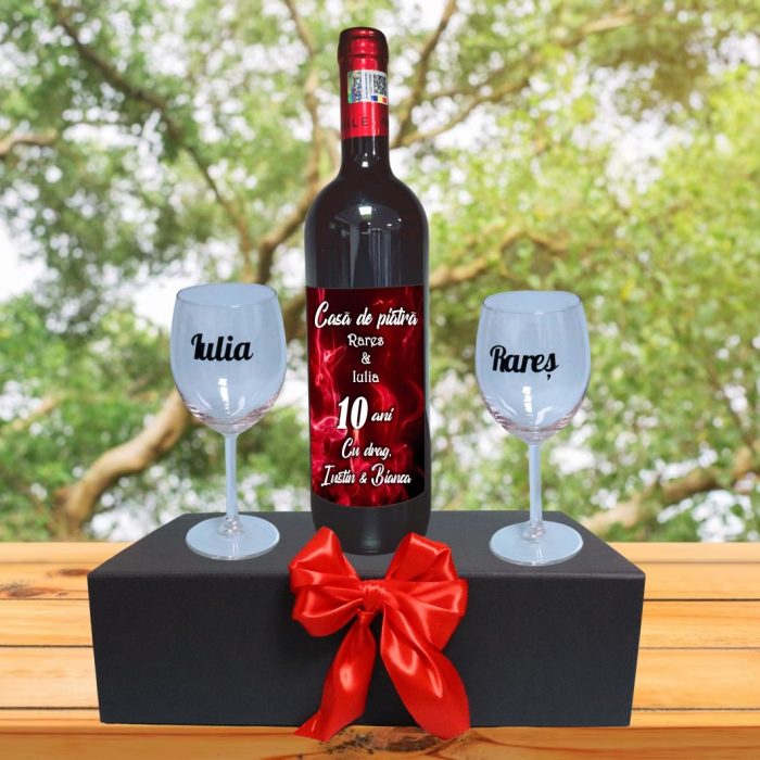 Set cadou aniversar, Cutie de vin cu sticla si 2 pahare, 35x25cm, Vin Domeniile Panciu Feteasca Neagra, CSVA001 - imagine 4