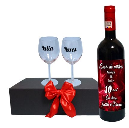 Set cadou aniversar, Cutie de vin cu sticla si 2 pahare, 35x25cm, Vin Budureasca Clasic, CSVA002