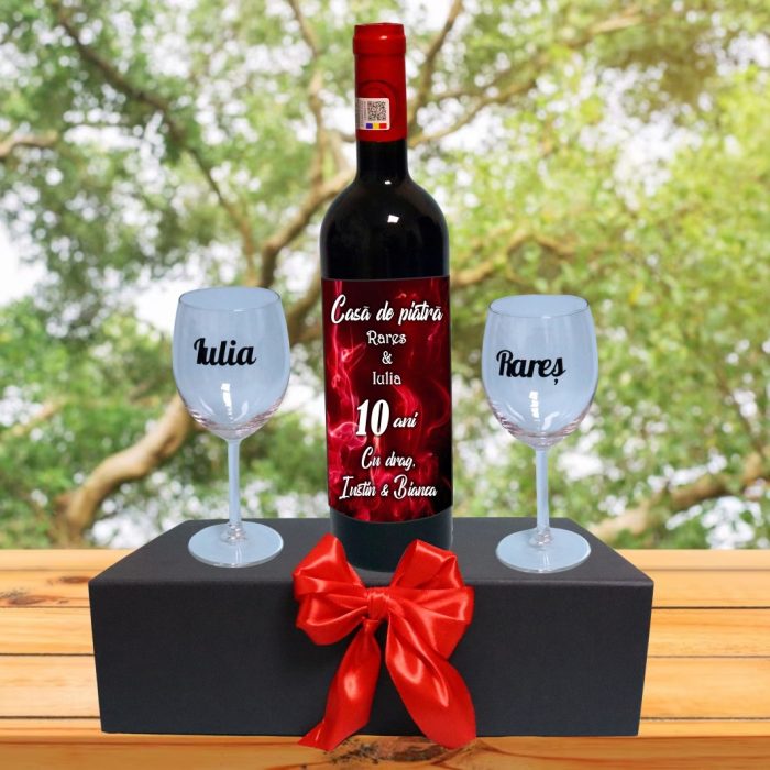Set cadou aniversar, Cutie de vin cu sticla si 2 pahare, 35x25cm, Vin Budureasca Clasic, CSVA002 - imagine 5