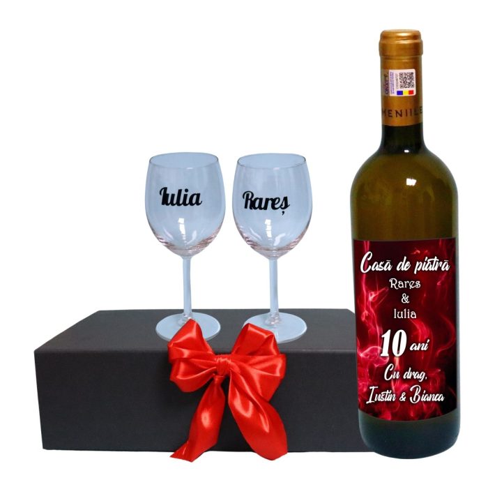 Set cadou aniversar, Cutie de vin cu sticla si 2 pahare, 35x25cm, Vin Domeniile Panciu Feteasca Regala, CSVA003 - imagine 1