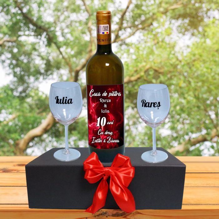 Set cadou aniversar, Cutie de vin cu sticla si 2 pahare, 35x25cm, Vin Domeniile Panciu Feteasca Regala, CSVA003 - imagine 5