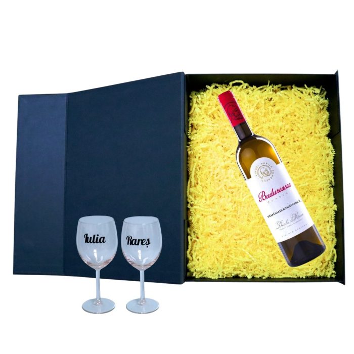 Set cadou aniversar, Cutie de vin cu sticla si 2 pahare, 35x25cm, Vin Alb Budureasca Clasic, CSVA005 - imagine 2