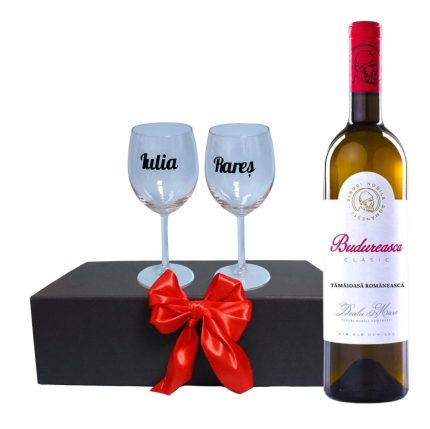 Set cadou aniversar, Cutie de vin cu sticla si 2 pahare, 35x25cm, Vin Alb Budureasca Clasic, CSVA005