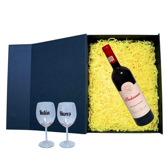 Set cadou aniversar, Cutie de vin cu sticla si 2 pahare, 35x25cm, Vin Roșu Budureasca Clasic, CSVA006 - imagine 2