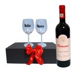 Set cadou aniversar, Cutie de vin cu sticla si 2 pahare, 35x25cm, Vin Roșu Budureasca Clasic, CSVA006