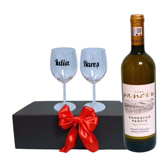 Set cadou aniversar, Cutie de vin cu sticla si 2 pahare, 35x25cm, Vin Domeniile Panciu Feteasca Regala, CSVA007 - imagine 1