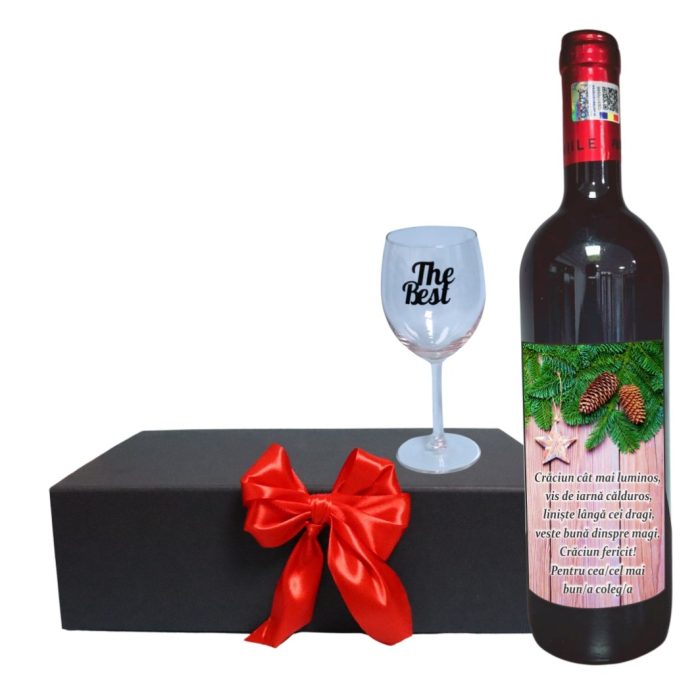 Set cadou de Sarbatori pentru coleg/a, Cutie de vin cu sticla si un pahar, 35x25cm, Vin Domeniile Panciu Feteasca Neagra, CSVC007 - imagine 1