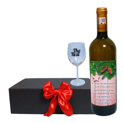 Set cadou de Sarbatori pentru coleg/a, Cutie de vin cu sticla si un pahar, 35x25cm, Vin Domeniile Panciu Feteasca Regala, CSVC009
