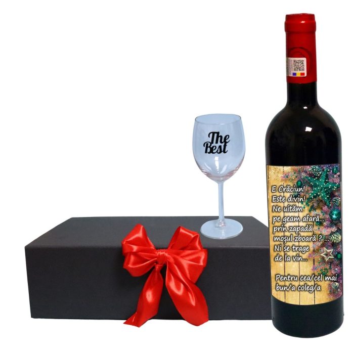 Set cadou de Sarbatori pentru coleg/a, Cutie de vin cu sticla si un pahar, 35x25cm, Vin Budureasca Clasic, CSVC011 - imagine 1