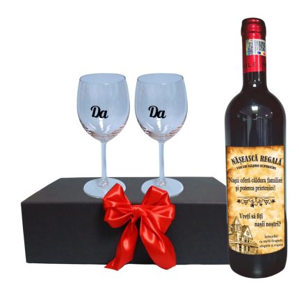 Set cadou Cerere nasi, Cutie de vin cu sticla si 2 pahare, 35x25cm, Vin Domeniile Panciu Feteasca Neagra, CSVCN004
