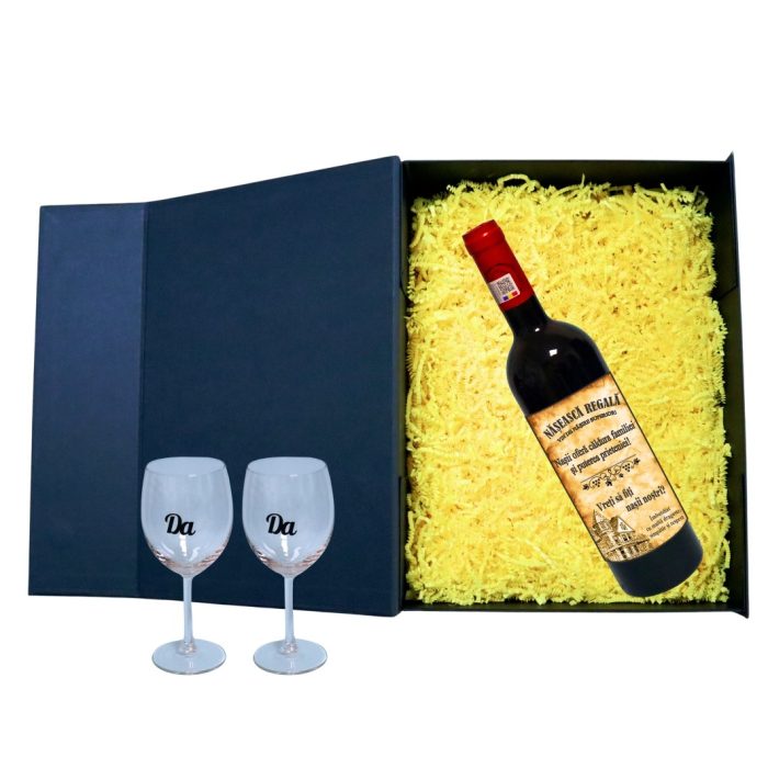 Set cadou Cerere nasi, Cutie de vin cu sticla si 2 pahare, 35x25cm, Vin Budureasca Clasic, CSVCN005 - imagine 2
