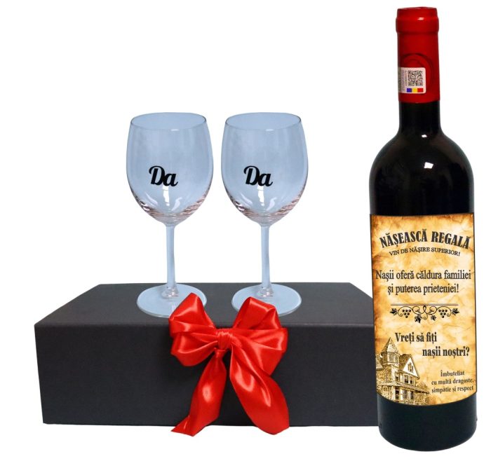 Set cadou Cerere nasi, Cutie de vin cu sticla si 2 pahare, 35x25cm, Vin Budureasca Clasic, CSVCN005 - imagine 1