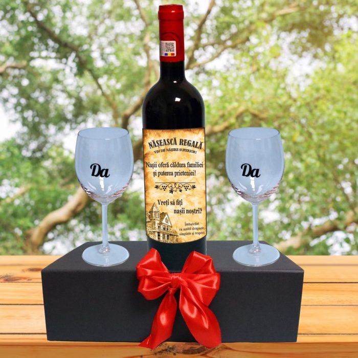 Set cadou Cerere nasi, Cutie de vin cu sticla si 2 pahare, 35x25cm, Vin Budureasca Clasic, CSVCN005 - imagine 4