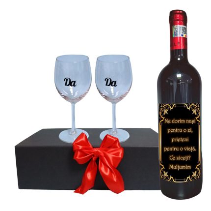 Set cadou Cerere nasi, Cutie de vin cu sticla si 2 pahare, 35x25cm, Vin Domeniile Panciu Feteasca Neagra, CSVCN007