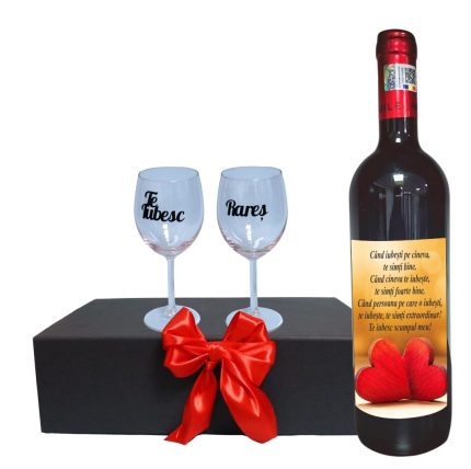 Set cadou Iubit/Sot, Cutie de vin cu sticla si 2 pahare, 35x25cm, Vin Domeniile Panciu Feteasca Neagra, CSVIS001