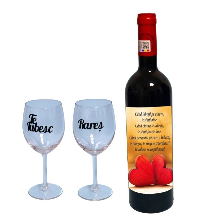 Set cadou Iubit/Sot, Cutie de vin cu sticla si 2 pahare, 35x25cm, Vin Budureasca Clasic, CSVIS002 - imagine 3