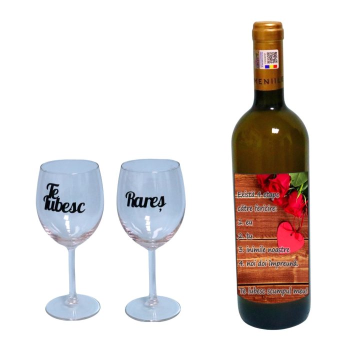 Set cadou Iubit/Sot, Cutie de vin cu sticla si 2 pahare, 35x25cm, Vin Domeniile Panciu Feteasca Regala, CSVIS006 - imagine 3