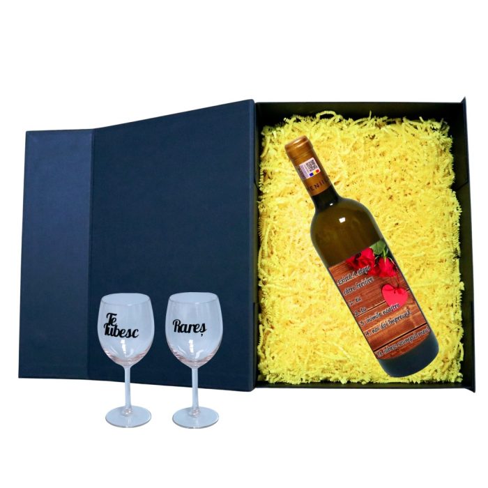 Set cadou Iubit/Sot, Cutie de vin cu sticla si 2 pahare, 35x25cm, Vin Domeniile Panciu Feteasca Regala, CSVIS006 - imagine 2