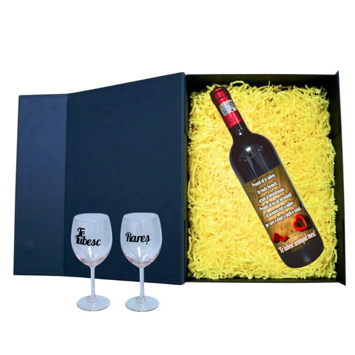 Set cadou Iubit/Sot, Cutie de vin cu sticla si 2 pahare, 35x25cm, Vin Domeniile Panciu Feteasca Neagra, CSVIS007 - imagine 2