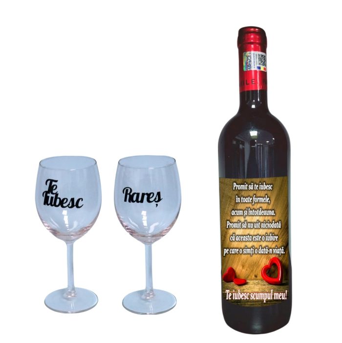 Set cadou Iubit/Sot, Cutie de vin cu sticla si 2 pahare, 35x25cm, Vin Domeniile Panciu Feteasca Neagra, CSVIS007 - imagine 3