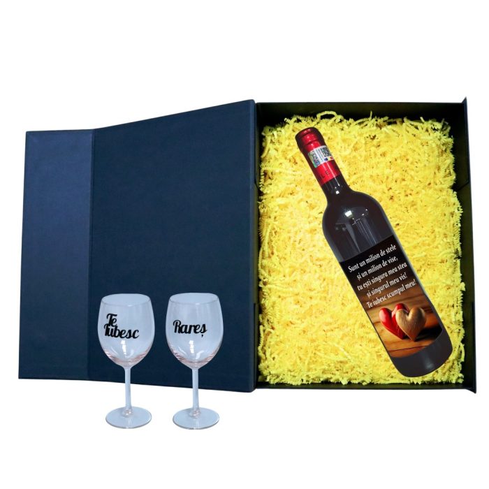 Set cadou Iubit/Sot, Cutie de vin cu sticla si 2 pahare, 35x25cm, Vin Domeniile Panciu Feteasca Neagra, CSVIS010 - imagine 2