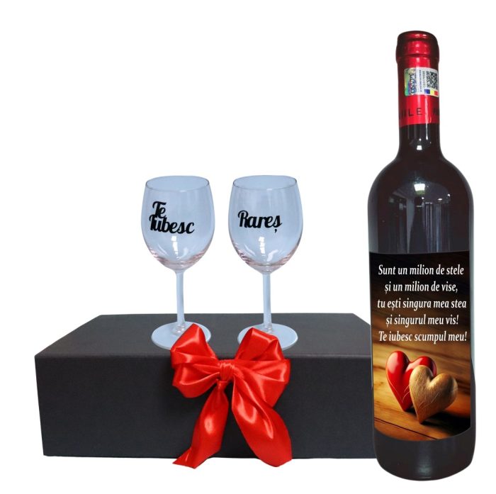 Set cadou Iubit/Sot, Cutie de vin cu sticla si 2 pahare, 35x25cm, Vin Domeniile Panciu Feteasca Neagra, CSVIS010 - imagine 1
