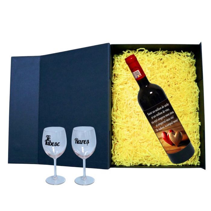 Set cadou Iubit/Sot, Cutie de vin cu sticla si 2 pahare, 35x25cm, Vin Budureasca Clasic, CSVIS011 - imagine 2