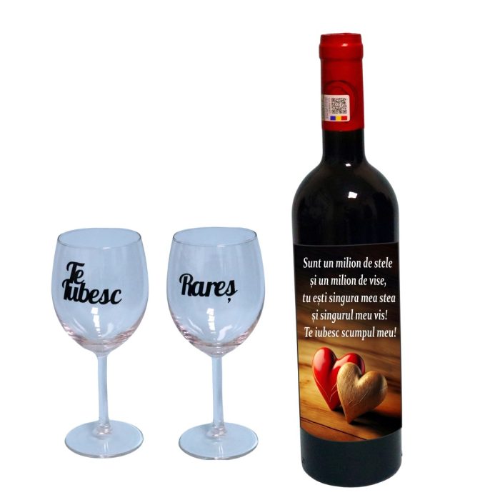 Set cadou Iubit/Sot, Cutie de vin cu sticla si 2 pahare, 35x25cm, Vin Budureasca Clasic, CSVIS011 - imagine 3