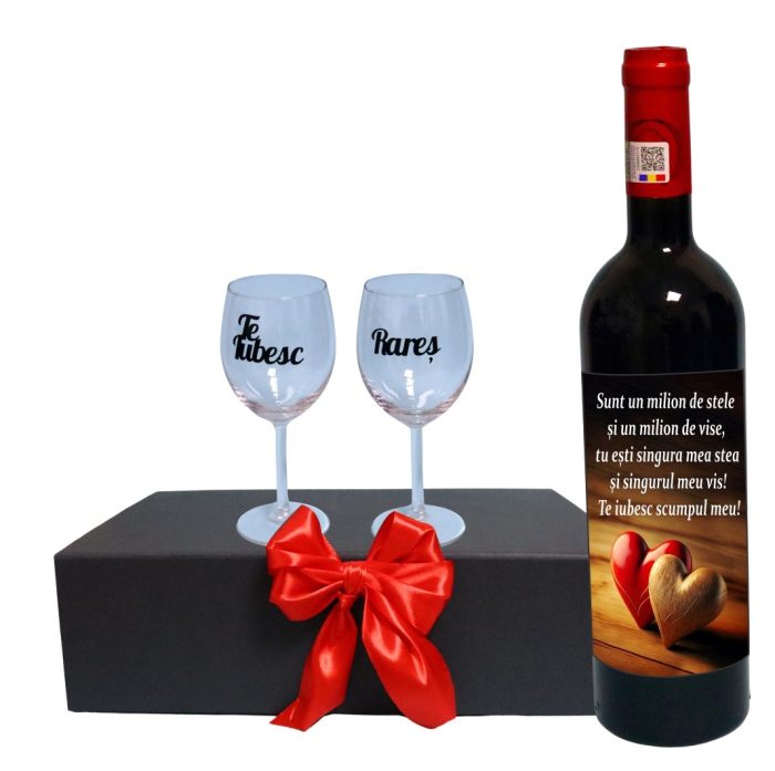 Set cadou Iubit/Sot, Cutie de vin cu sticla si 2 pahare, 35x25cm, Vin Budureasca Clasic, CSVIS011 - imagine 1