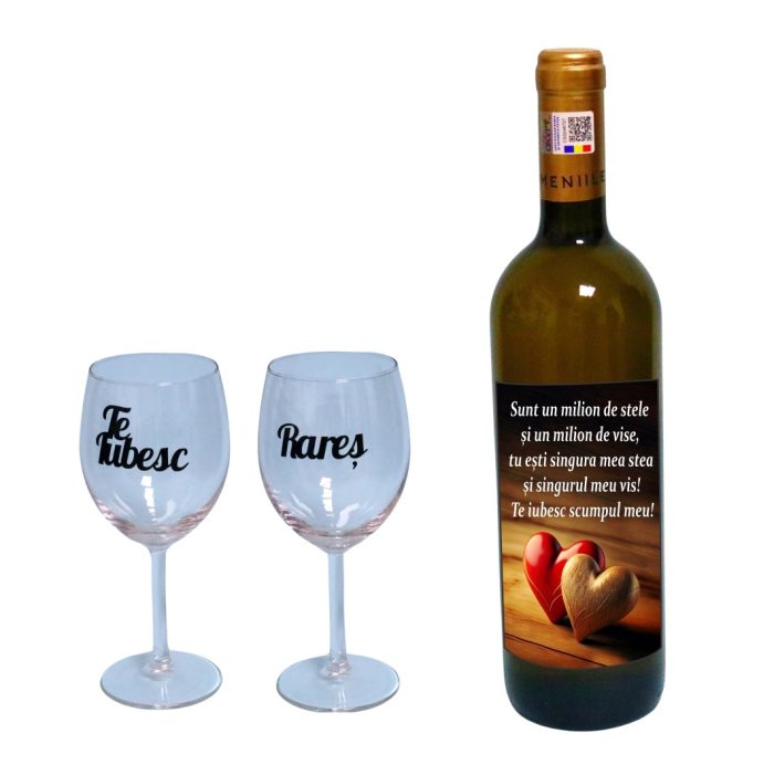 Set cadou Iubit/Sot, Cutie de vin cu sticla si 2 pahare, 35x25cm, Vin Domeniile Panciu Feteasca Regala, CSVIS012 - imagine 3