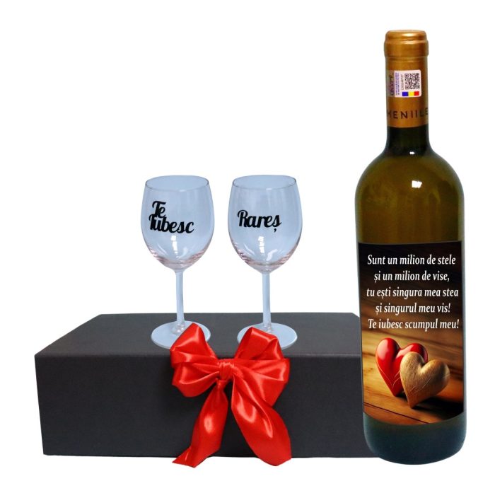 Set cadou Iubit/Sot, Cutie de vin cu sticla si 2 pahare, 35x25cm, Vin Domeniile Panciu Feteasca Regala, CSVIS012 - imagine 1
