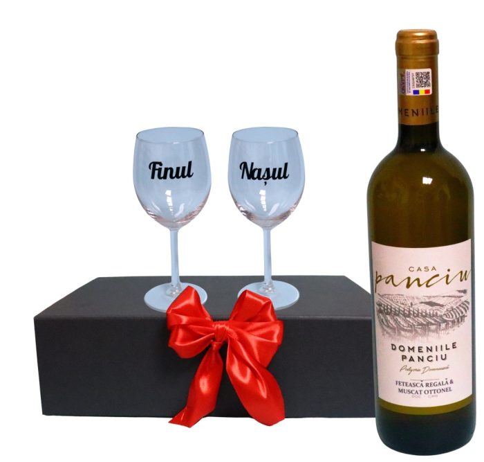 Set cadou Nasi, Cutie de vin cu sticla si 2 pahare, 35x25cm, Vin Domeniile Panciu Feteasca Regala, CSVN002 - imagine 1