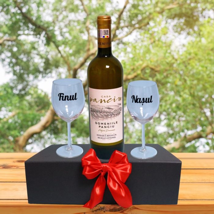 Set cadou Nasi, Cutie de vin cu sticla si 2 pahare, 35x25cm, Vin Domeniile Panciu Feteasca Regala, CSVN002 - imagine 4