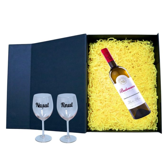 Set cadou Nasi, Cutie de vin cu sticla si 2 pahare, 35x25cm, Vin Budureasca Clasic Tămâioasă Românească, CSVN003 - imagine 2
