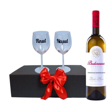 Set cadou Nasi, Cutie de vin cu sticla si 2 pahare, 35x25cm, Vin Budureasca Clasic Tămâioasă Românească, CSVN003