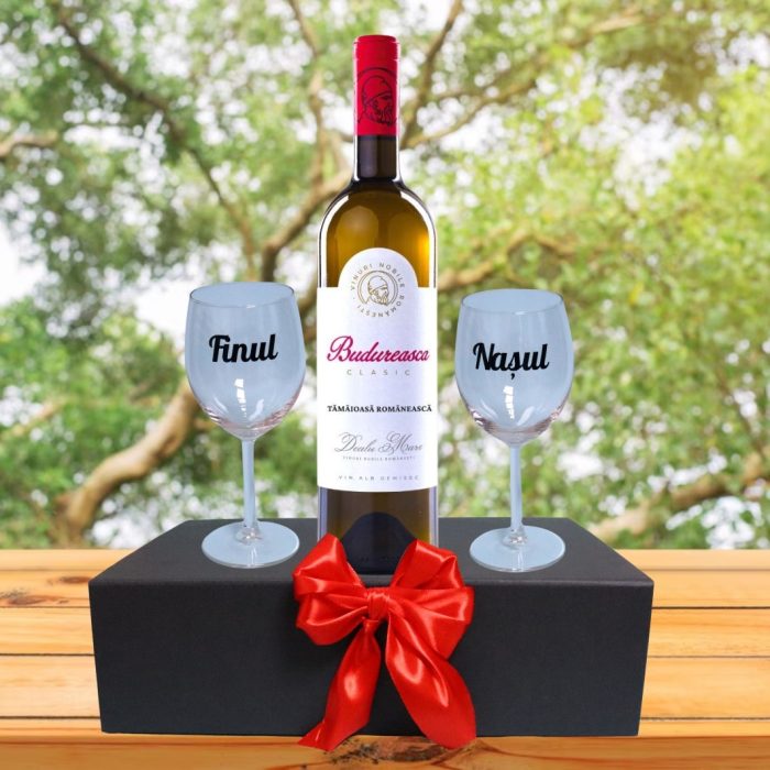 Set cadou Nasi, Cutie de vin cu sticla si 2 pahare, 35x25cm, Vin Budureasca Clasic Tămâioasă Românească, CSVN003 - imagine 4