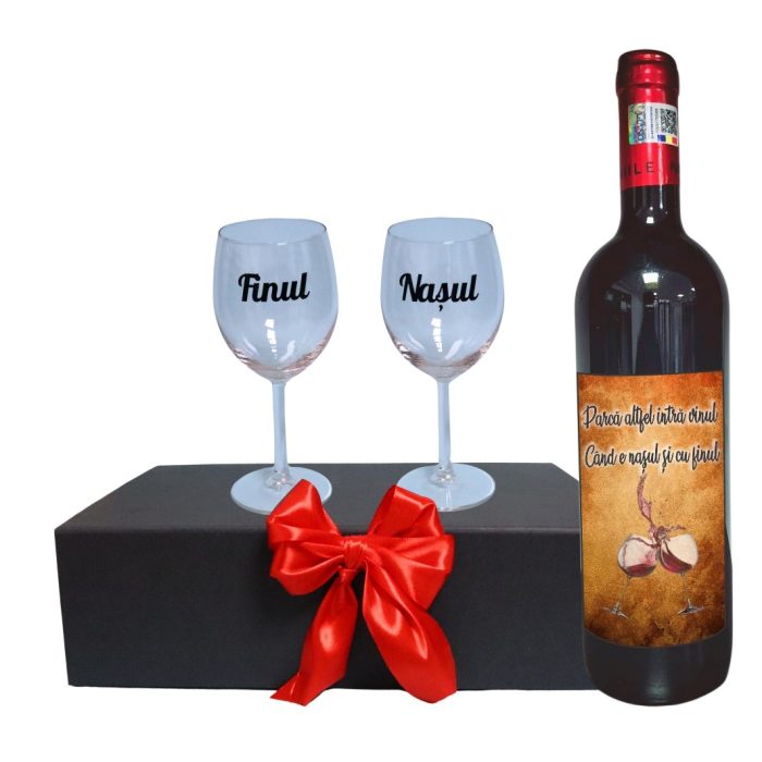 Set cadou Nasi, Cutie de vin cu sticla si 2 pahare, 35x25cm, Vin Domeniile Panciu Feteasca Neagra, CSVN005 - imagine 1