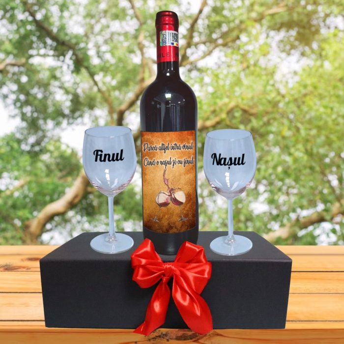 Set cadou Nasi, Cutie de vin cu sticla si 2 pahare, 35x25cm, Vin Domeniile Panciu Feteasca Neagra, CSVN005 - imagine 4