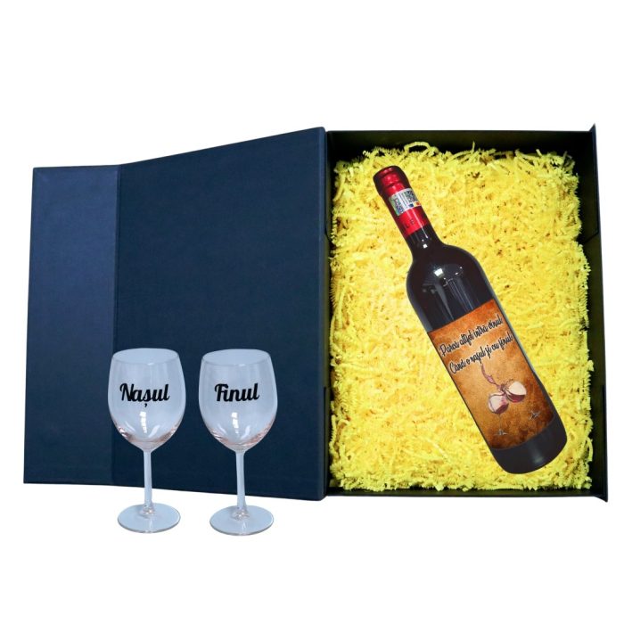 Set cadou Nasi, Cutie de vin cu sticla si 2 pahare, 35x25cm, Vin Domeniile Panciu Feteasca Neagra, CSVN005 - imagine 2