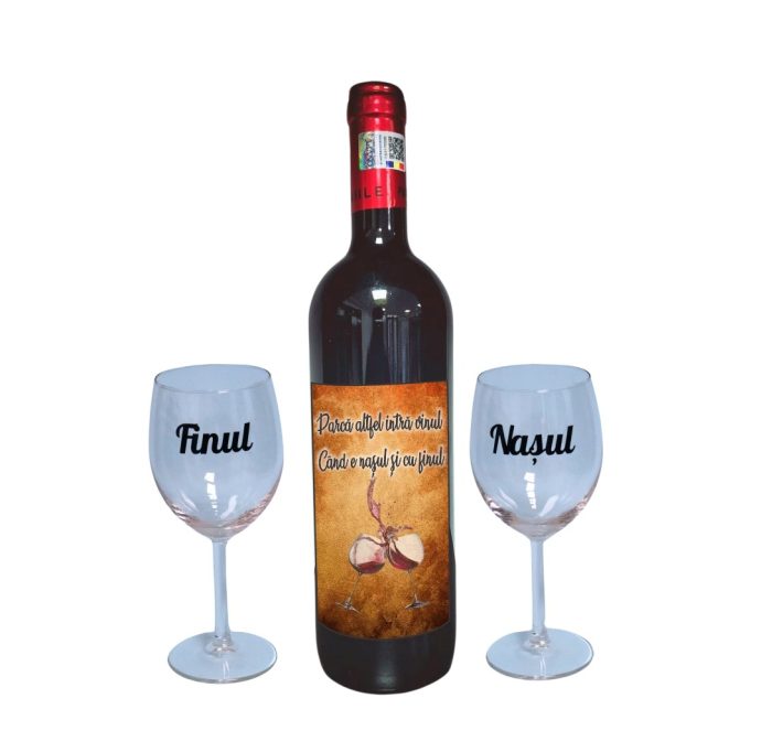Set cadou Nasi, Cutie de vin cu sticla si 2 pahare, 35x25cm, Vin Domeniile Panciu Feteasca Neagra, CSVN005 - imagine 3