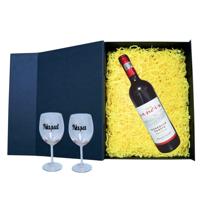 Set cadou Nasi, Cutie de vin cu sticla si 2 pahare, 35x25cm, Vin Domeniile Panciu Feteasca Neagra, CSVN010 - imagine 2