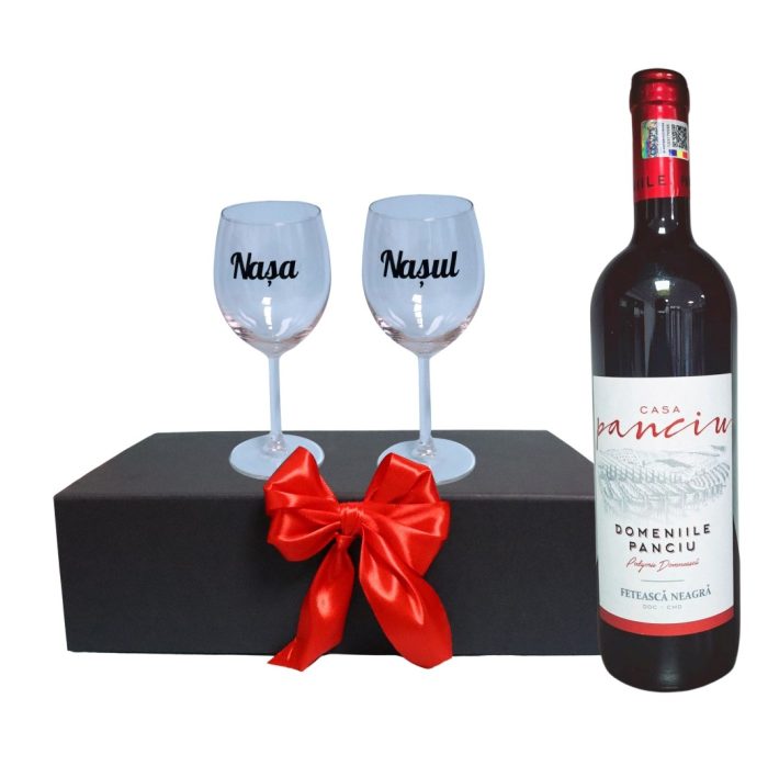 Set cadou Nasi, Cutie de vin cu sticla si 2 pahare, 35x25cm, Vin Domeniile Panciu Feteasca Neagra, CSVN010 - imagine 1