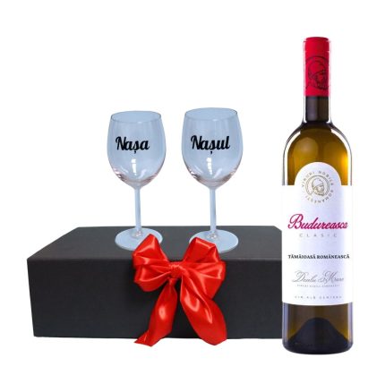 Set cadou Nasi, Cutie de vin cu sticla si 2 pahare, 35x25cm, Vin Budureasca Clasic Tămâioasă Românească, CSVN011