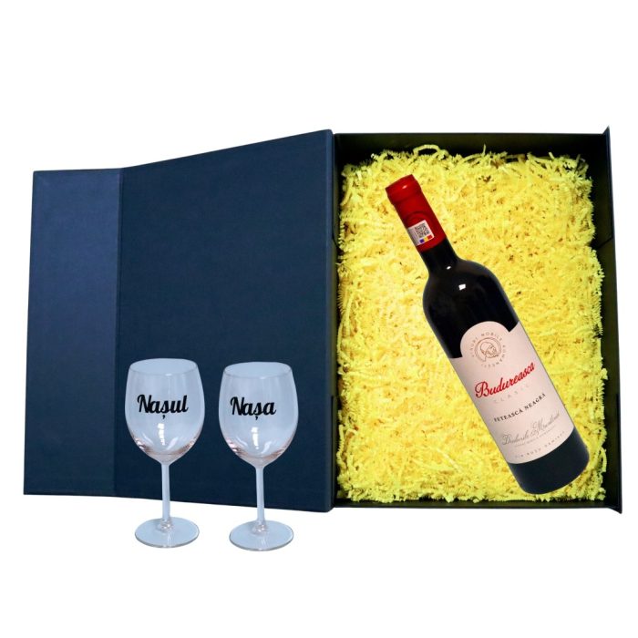 Set cadou Nasi, Cutie de vin cu sticla si 2 pahare, 35x25cm, Vin Budureasca Fetească Neagră , CSVN012 - imagine 2
