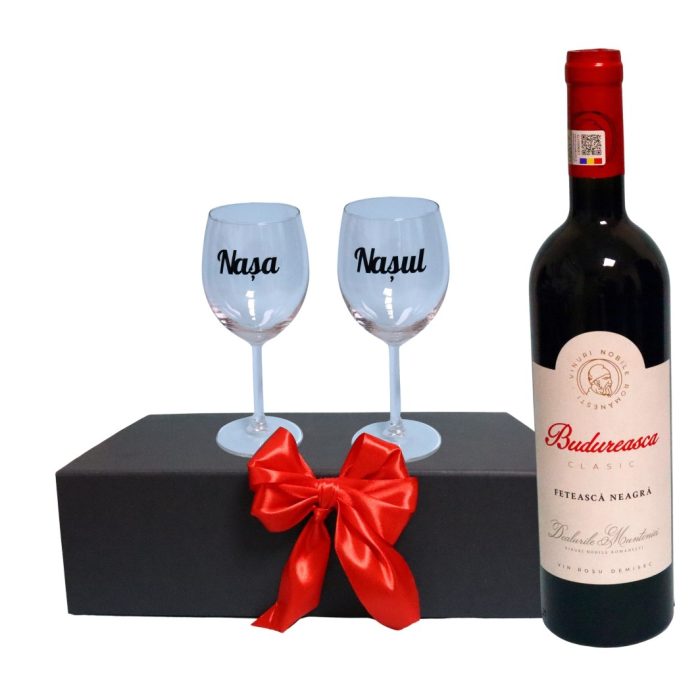 Set cadou Nasi, Cutie de vin cu sticla si 2 pahare, 35x25cm, Vin Budureasca Fetească Neagră , CSVN012 - imagine 1