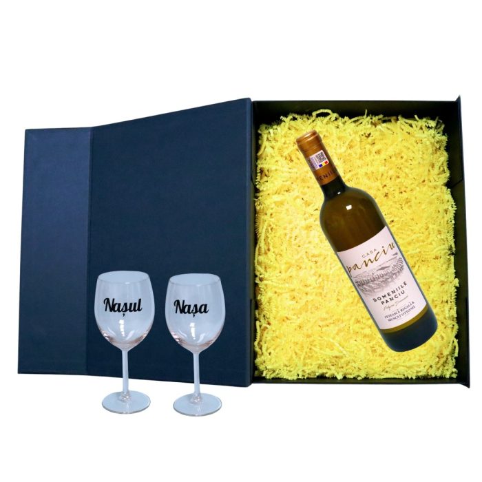 Set cadou Nasi, Cutie de vin cu sticla si 2 pahare, 35x25cm, Vin Domeniile Panciu Feteasca Regala, CSVN013 - imagine 2