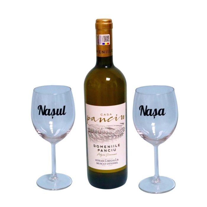 Set cadou Nasi, Cutie de vin cu sticla si 2 pahare, 35x25cm, Vin Domeniile Panciu Feteasca Regala, CSVN013 - imagine 3