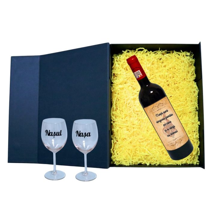 Set cadou Nasi, Cutie de vin cu sticla si 2 pahare, 35x25cm, Vin Budureasca Clasic, CSVN015 - imagine 2