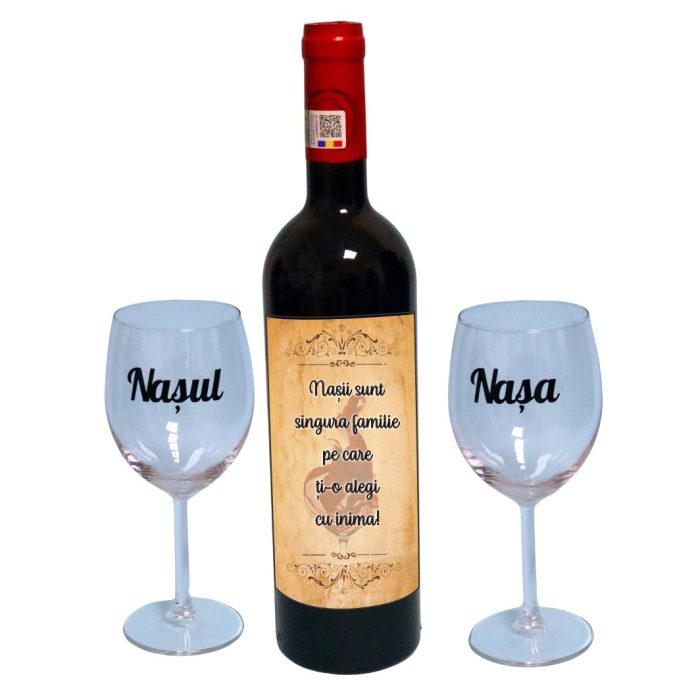 Set cadou Nasi, Cutie de vin cu sticla si 2 pahare, 35x25cm, Vin Budureasca Clasic, CSVN015 - imagine 3